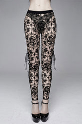 Brown Flocking Printing Mesh Side Lace Up Leggings Womens Pants